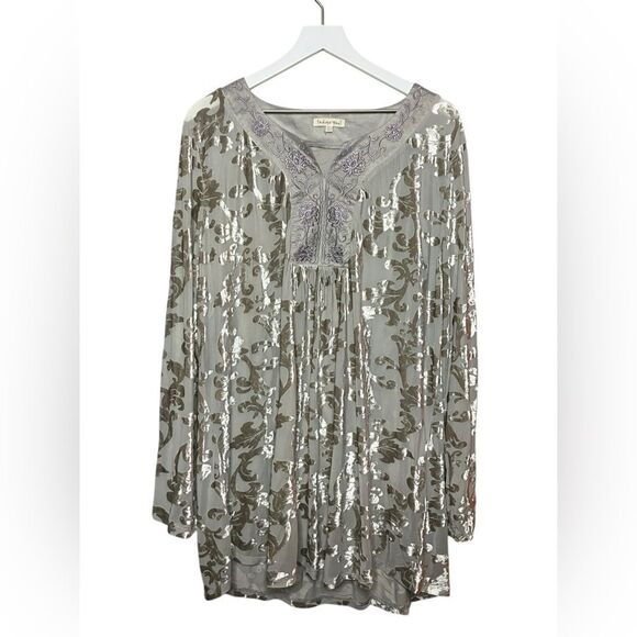 NWOT Flow Velvet Burnout Tunic Top Embroidered Fairy Grunge Whimsigoth Silver 3X - Picture 1 of 5